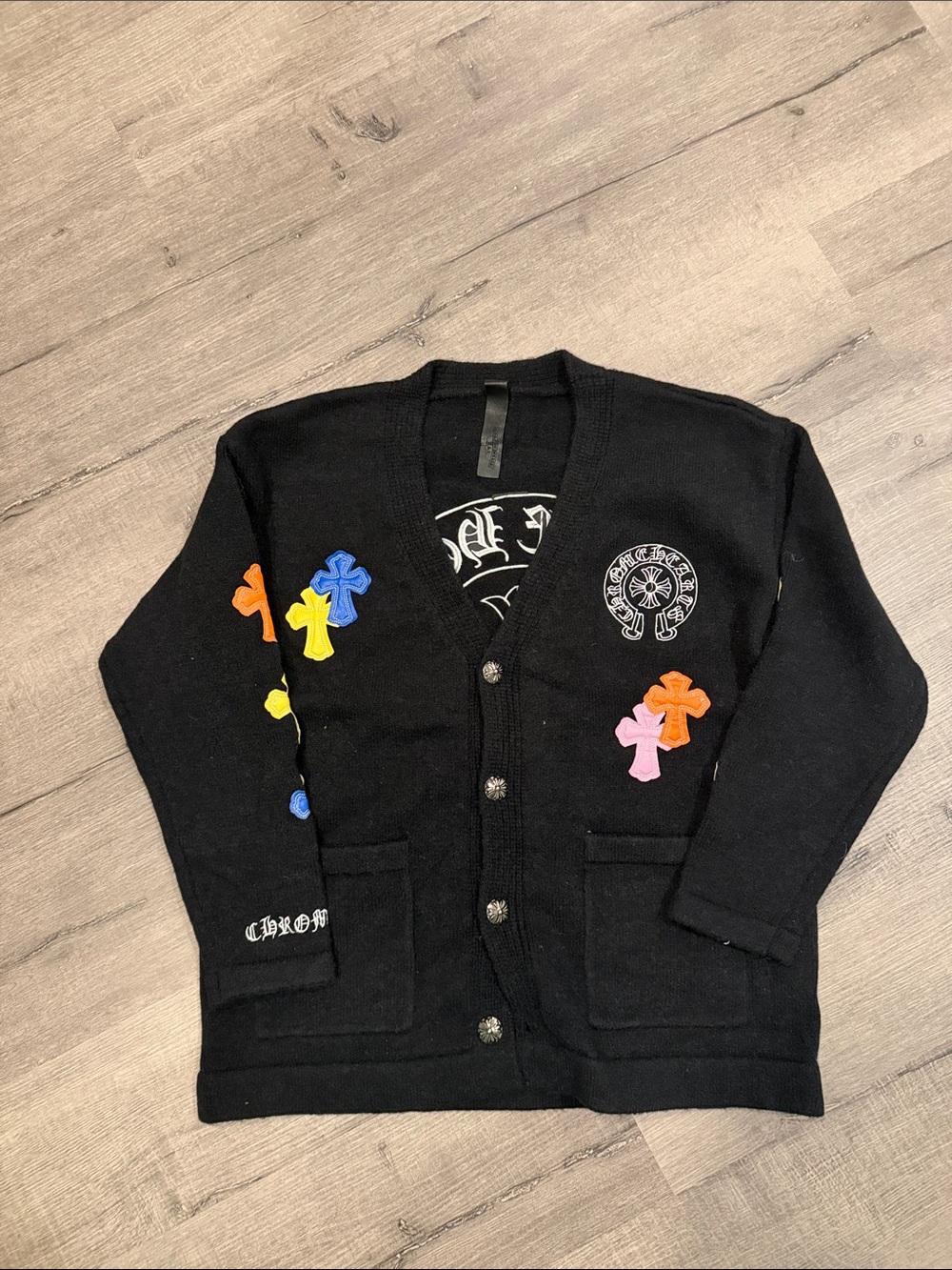 Chrome Hearts Black Crewneck Sweater with Multicolor Cross Appliqués - Picture 2 of 3
